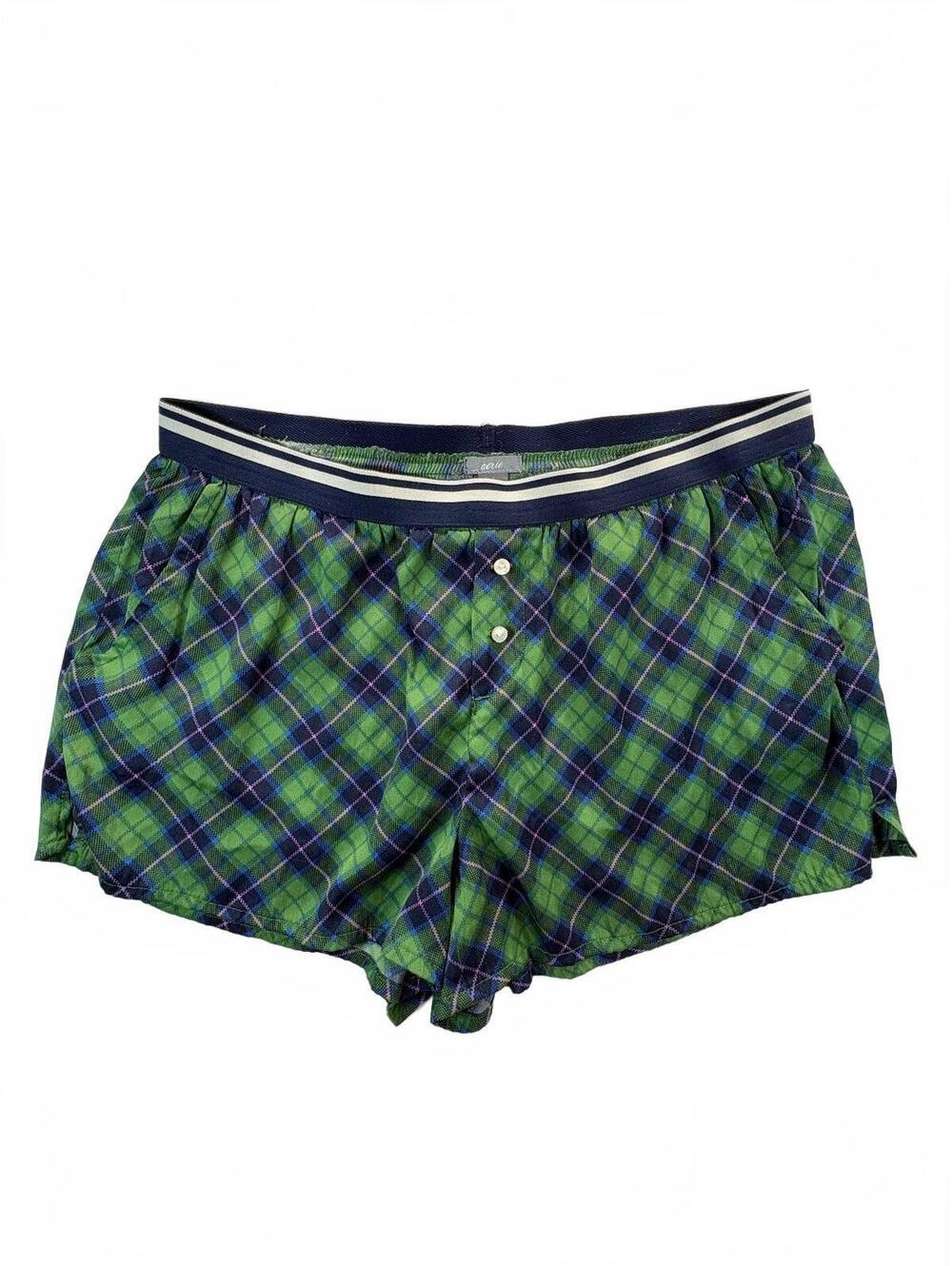 Aerie Women’s Small Green Navy Plaid Boxer Shorts Elastic Waist Lounge